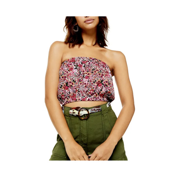 Topshop Tops - NWT TopShop Crop Floral Bandeau Top Women's 4 Pink Red Crop Top Strapless